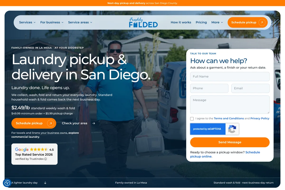 Freshly Folded homepage showing San Diego laundry pickup and delivery, per-pound pricing and a Schedule pickup button