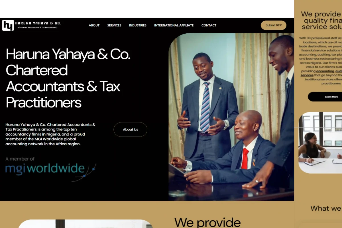 Haruna Yahaya & Co homepage introducing the chartered accountancy and tax practice and its MGI Worldwide membership
