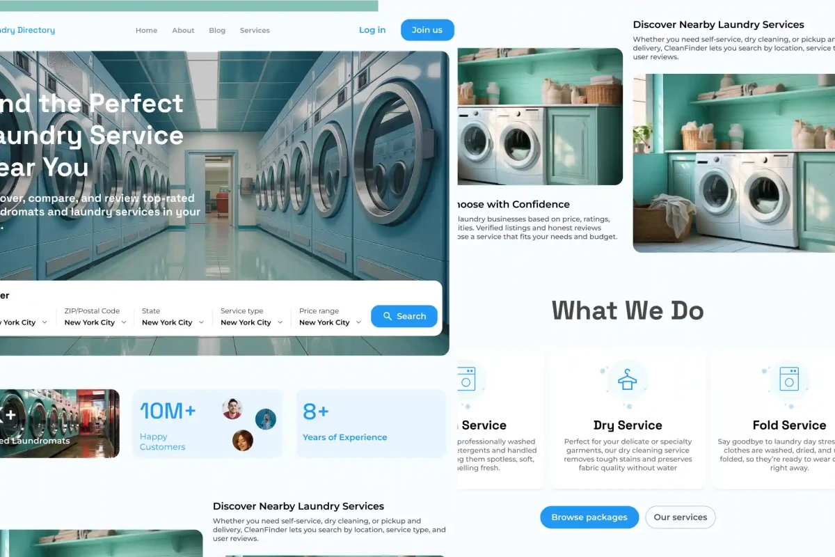 Laundry Directory homepage with a search panel filtering laundromats by ZIP code, state, service type and price