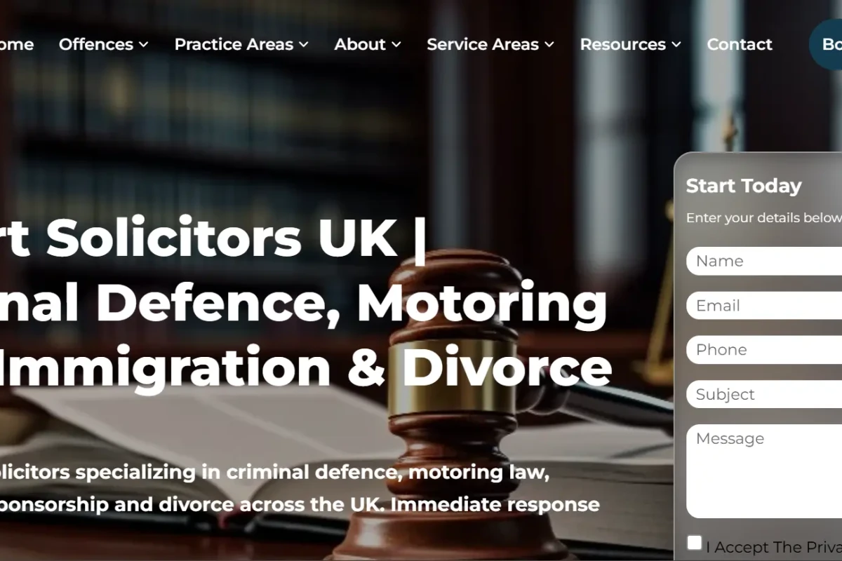 Scarsdale Solicitors homepage headlining criminal defence, motoring, immigration and divorce, with a Start Today enquiry form