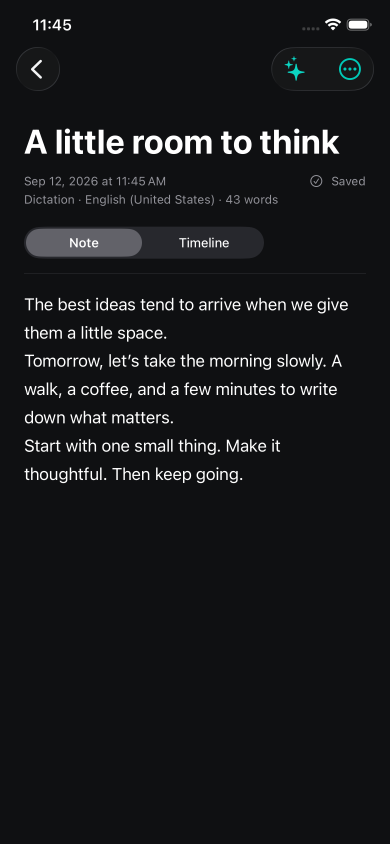 Carlin AI on iPhone showing a saved sample note, editing controls and the Note and Timeline tabs