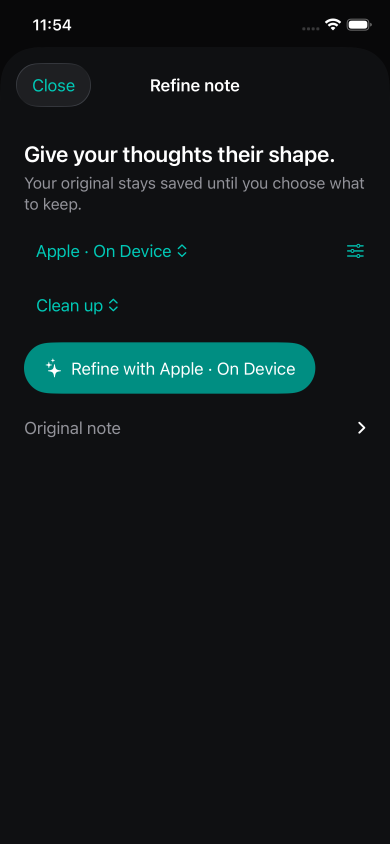Carlin AI on iPhone showing note refinement with Apple on-device AI and the Clean up option
