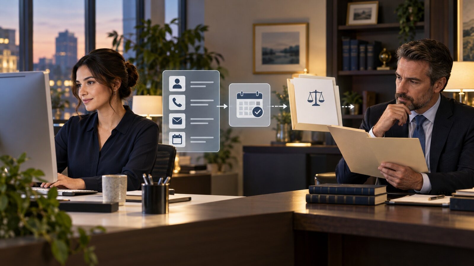 Law firm receptionist routes intake logistics to an attorney for conflicts and acceptance review