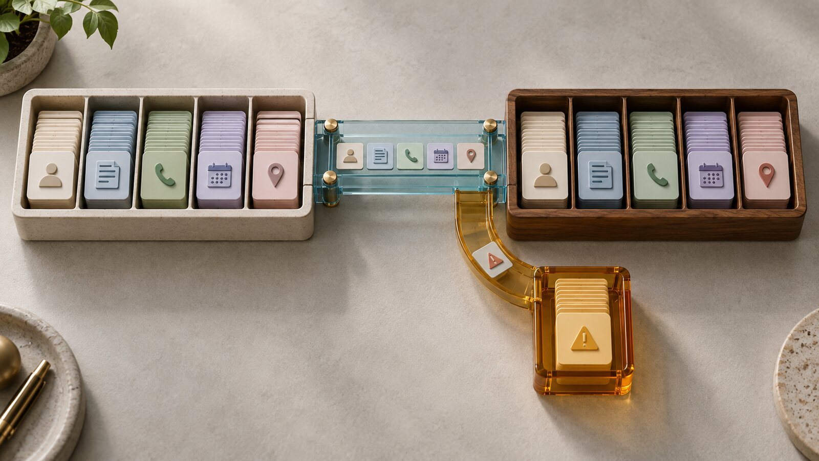 Two trays of icon-coded record tiles joined by a glass bridge, with an amber branch diverting tiles marked with a warning triangle