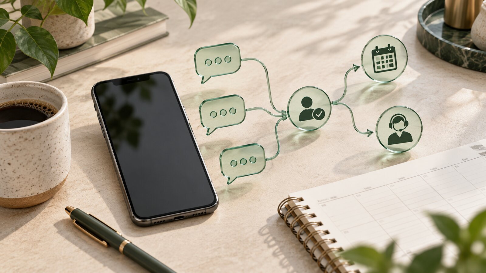 Conceptual illustration of a phone, conversation routing and appointment calendar