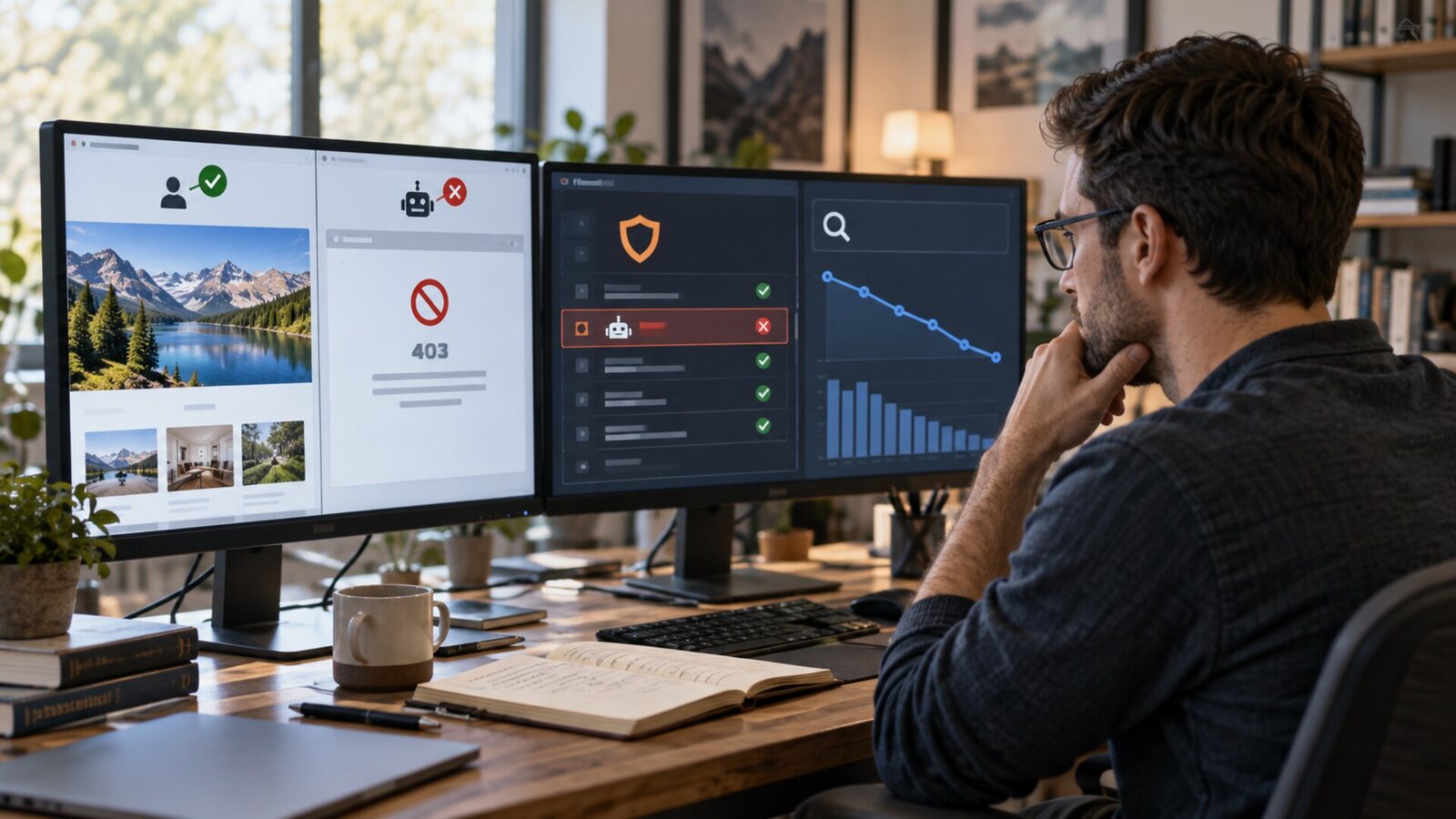 Developer compares a normal website view with a search crawler blocked by a 403 firewall response