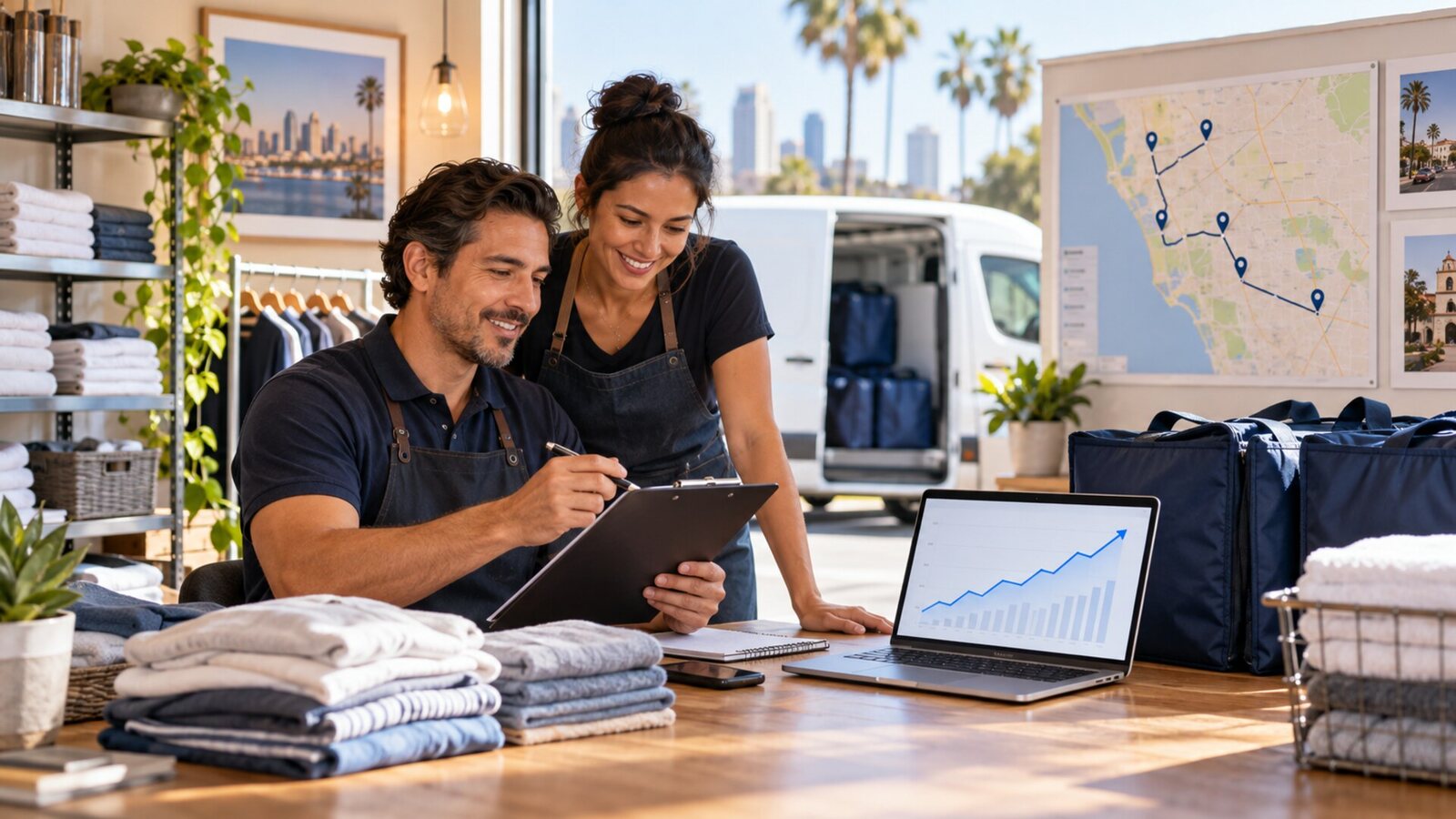 Laundry pickup operator checks a service route and booking flow beside folded laundry and a search activity chart
