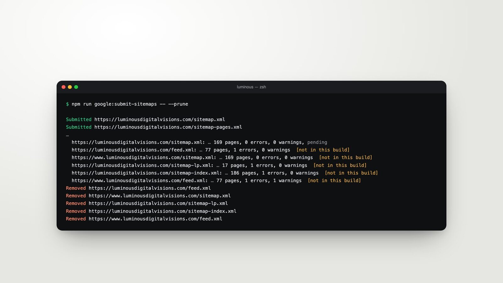 Terminal output from submitting seven sitemaps through the Google Search Console API and removing five stale ones