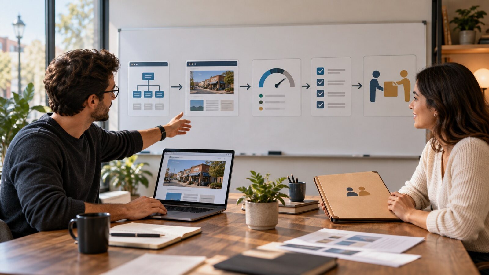 Developer and business owner review a website URL map, preview, performance check and handover sequence