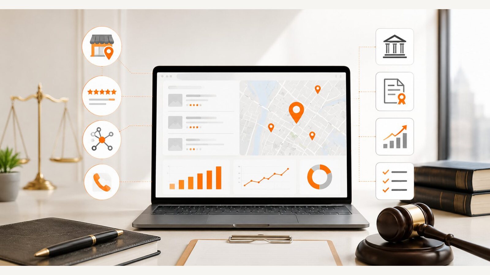 Local SEO dashboard for a law firm on a laptop showing map location pins, reviews, and ranking charts, beside scales of justice, law books, and a gavel