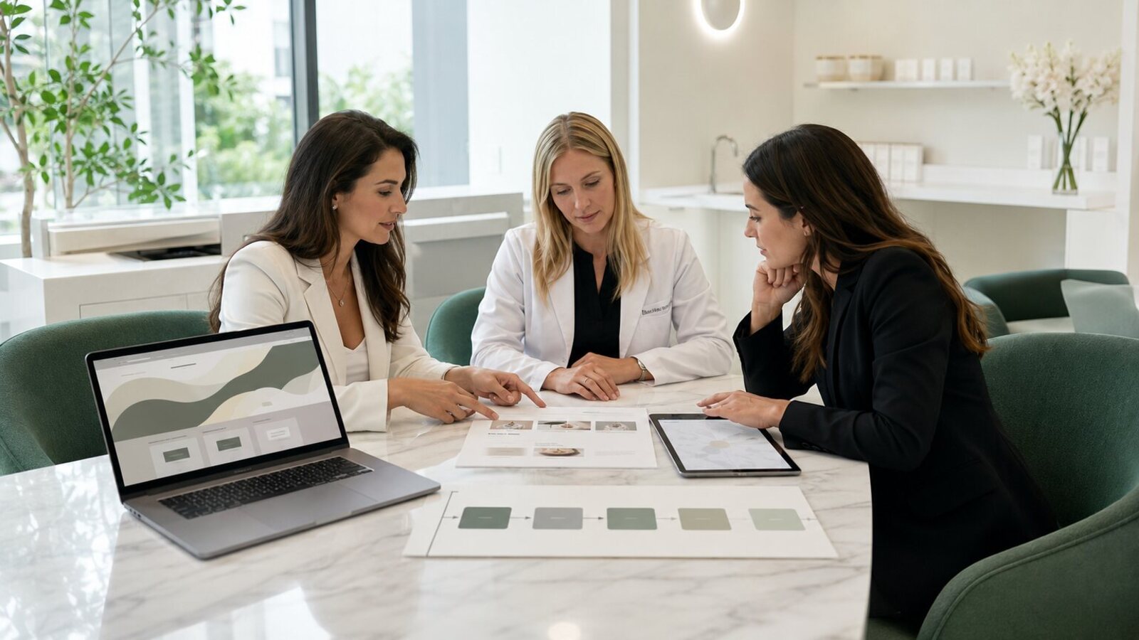 Med spa owner and marketing lead planning website, local search, advertising, and booking strategy around a conference table