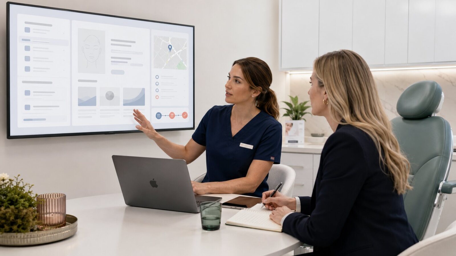 Med spa provider and SEO strategist reviewing treatment search visibility and local booking data on a large monitor