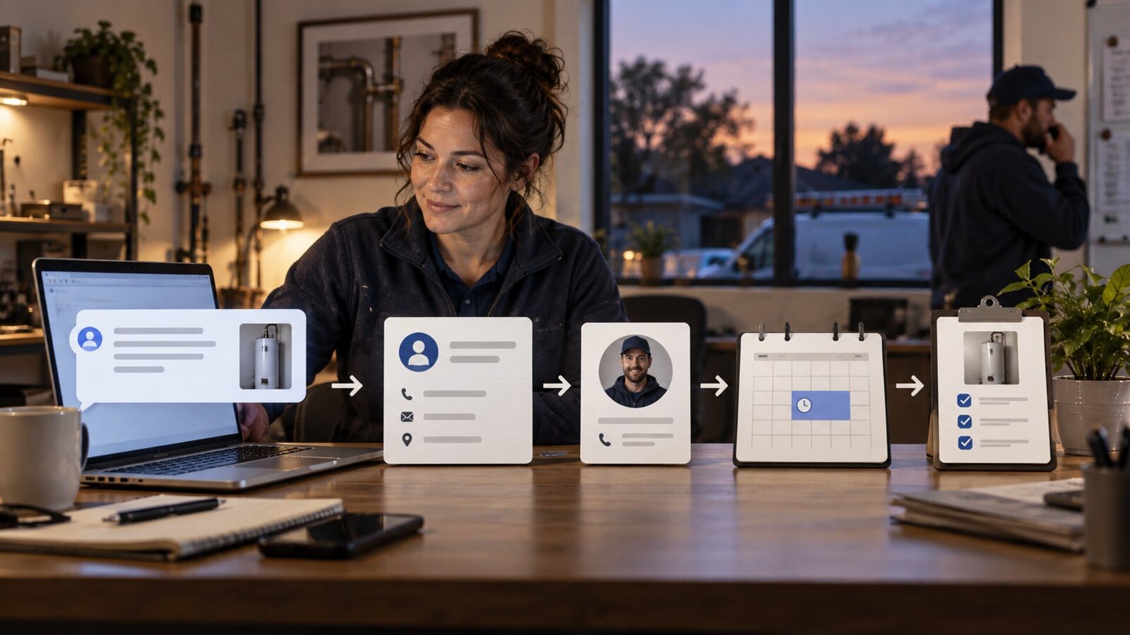 After-hours service inquiry moves through a customer record, assigned owner, calendar booking and follow-up stop