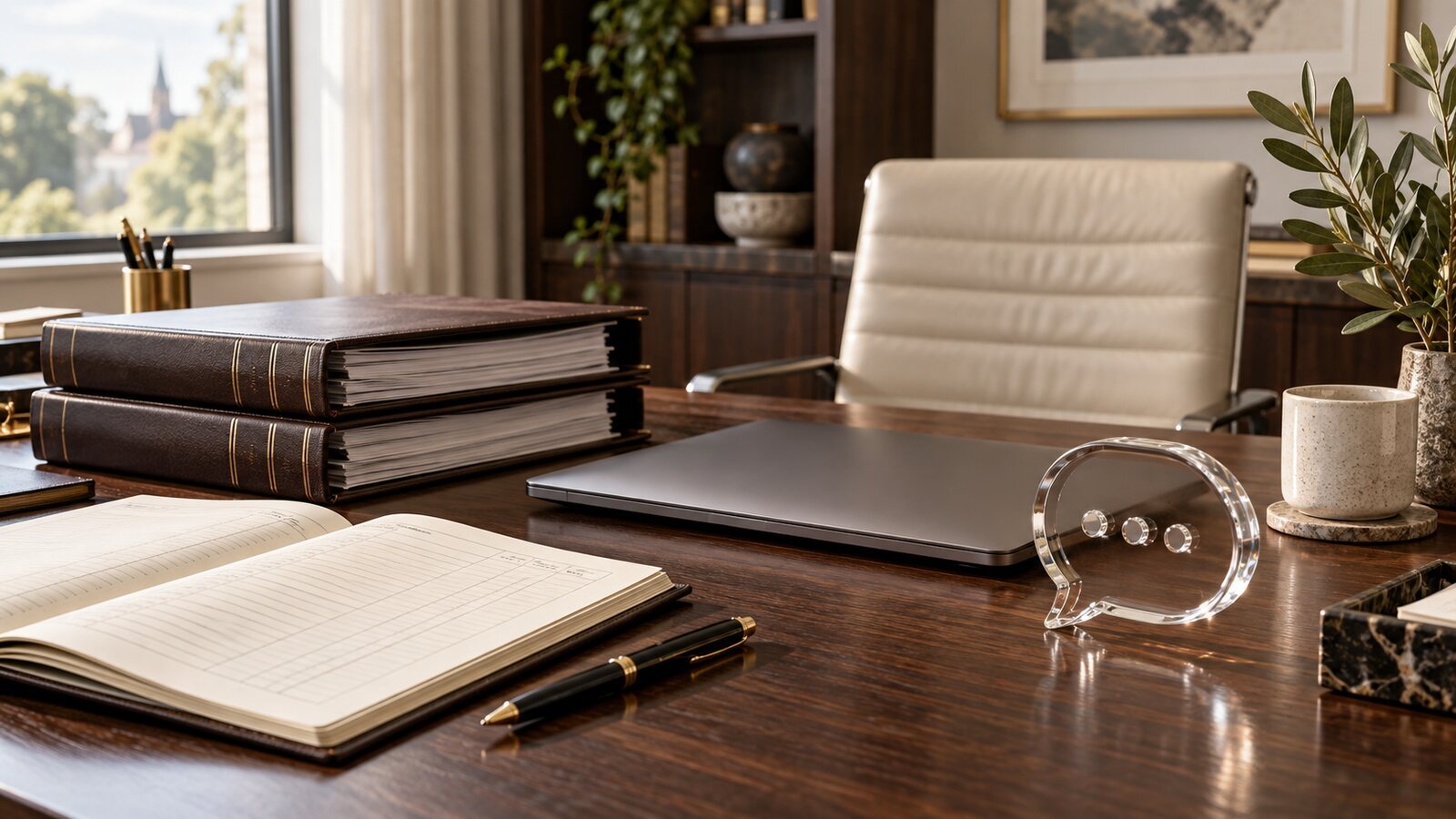 Illustrative professional-services desk with files and a conversation symbol
