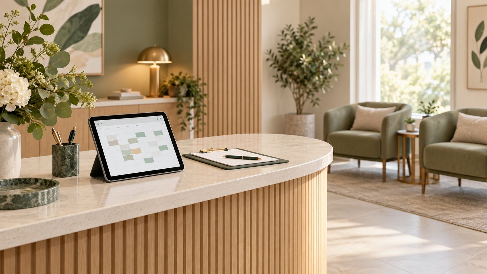 Illustrative clinic reception with a consultation clipboard and scheduling tablet