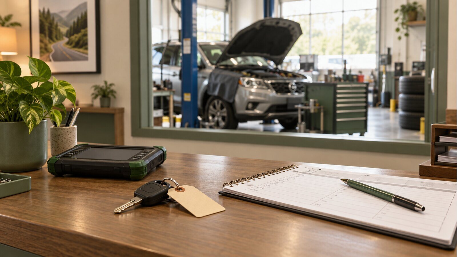 Illustrative auto repair reception with car keys, an appointment planner and a vehicle in the service bay