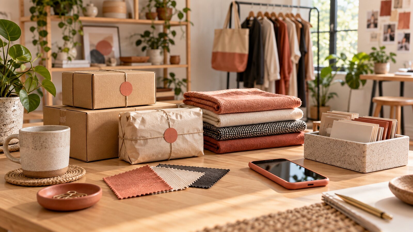Illustrative retail workspace with parcels, product materials and inventory cards