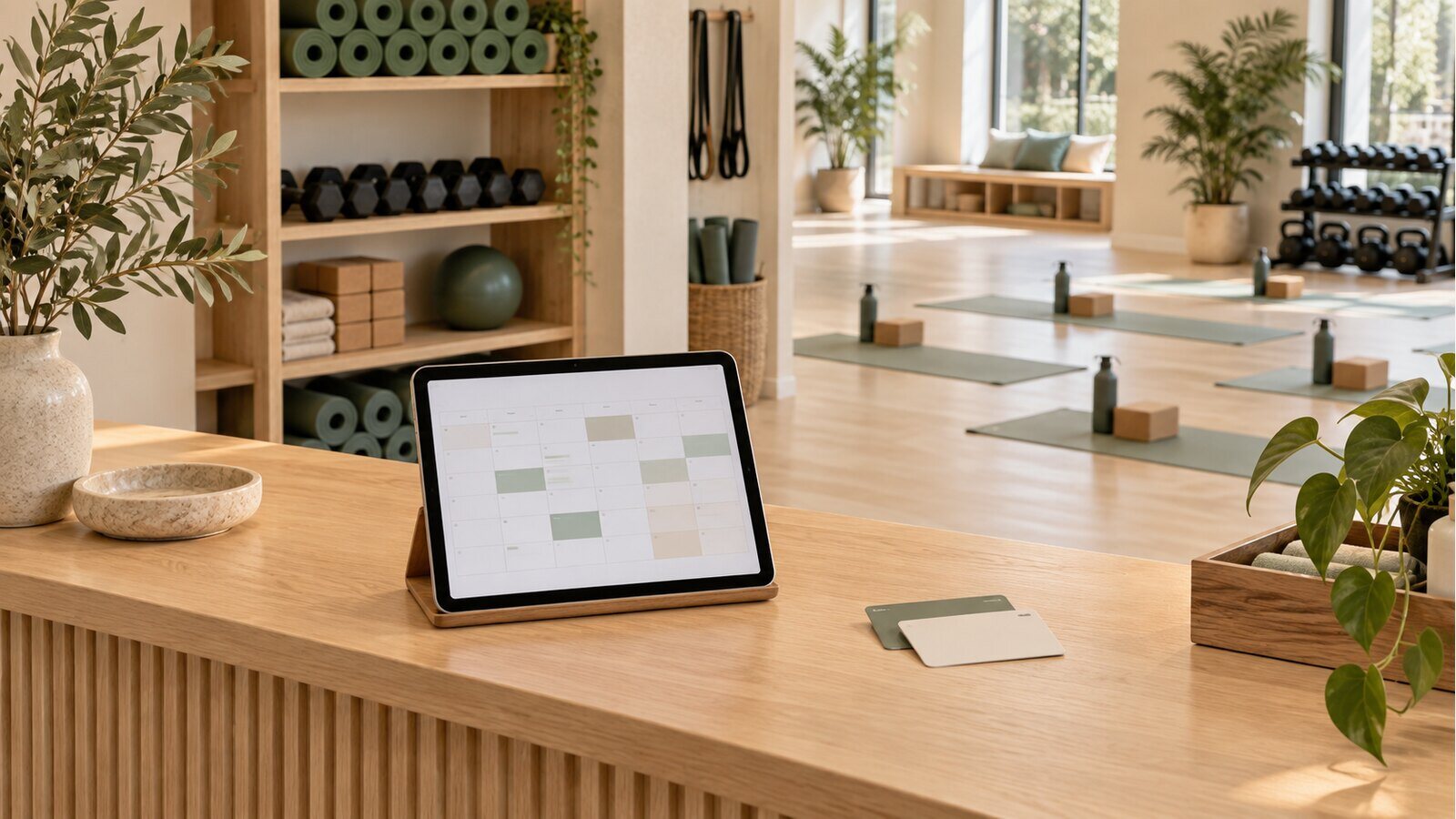 Illustrative fitness studio check-in desk with a class calendar, membership cards and exercise equipment