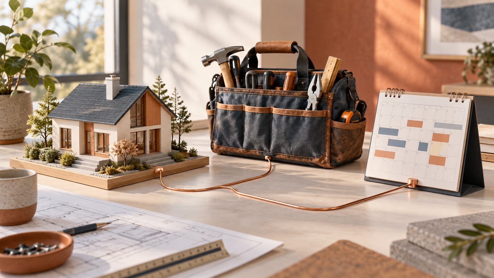 Conceptual illustration of a house, technician tools and a service calendar
