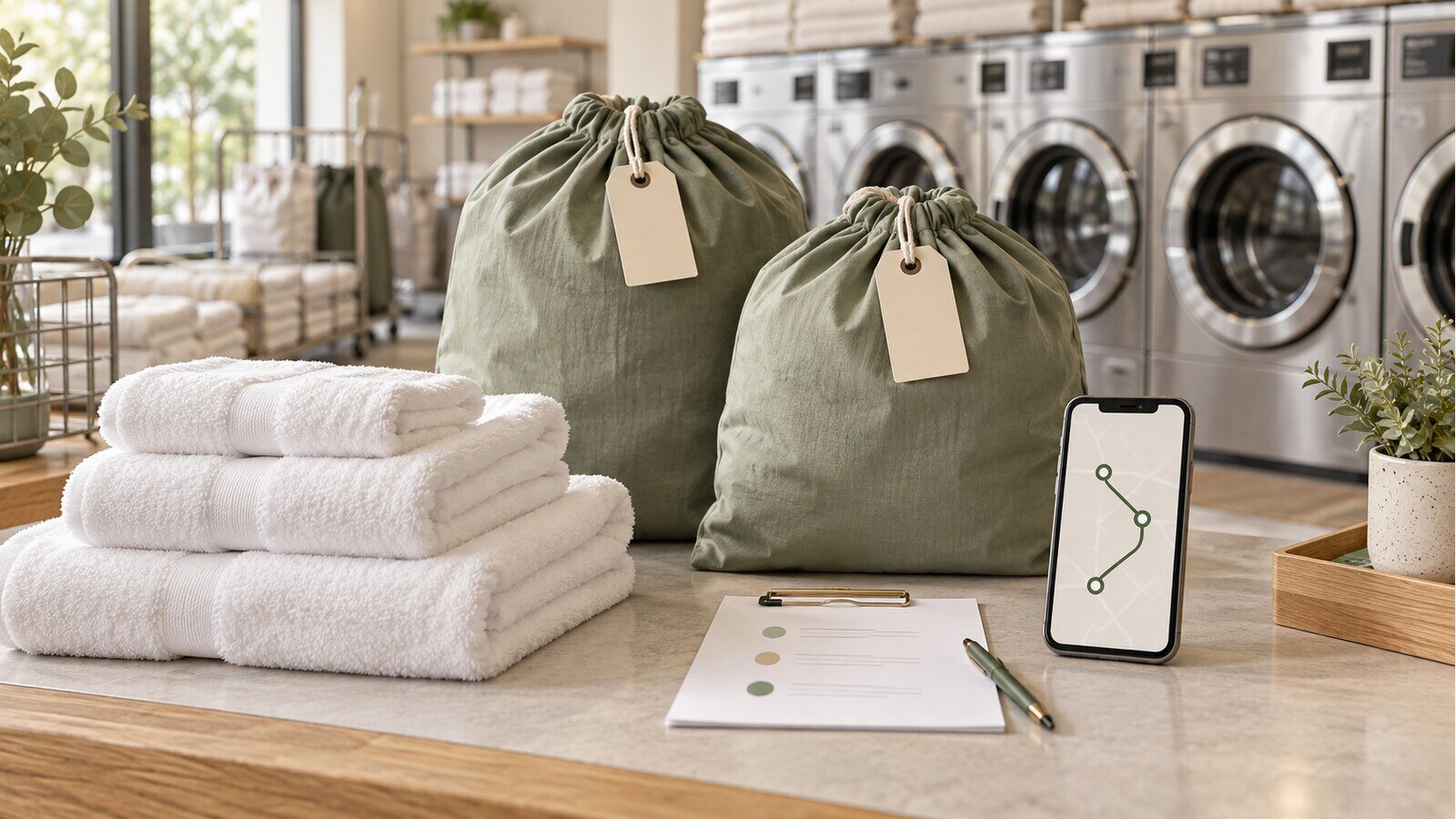 Illustrative laundry dispatch counter with pickup bags, folded towels and a route displayed on a phone