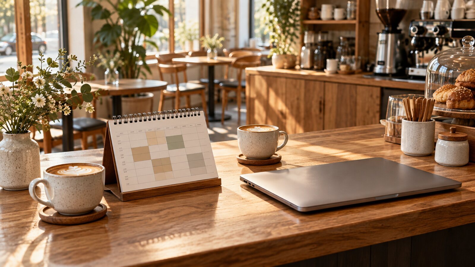 Illustrative cafe with a reservation planner and laptop