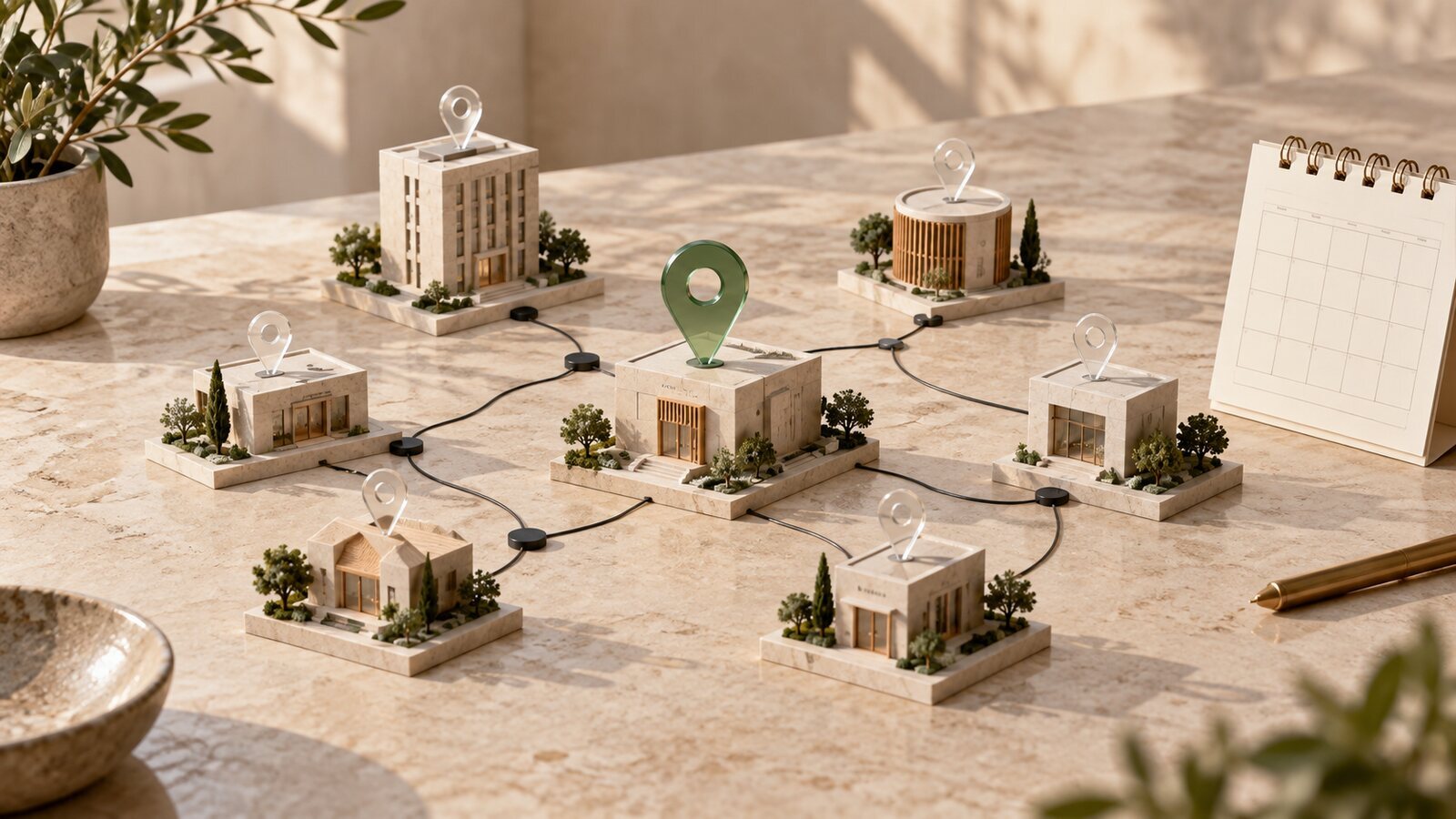 Conceptual model of service locations connected by routing paths; not a geographic map
