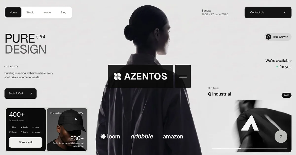 The Azentos studio homepage, its wordmark over a monochrome fashion photograph beside project counts and client logos