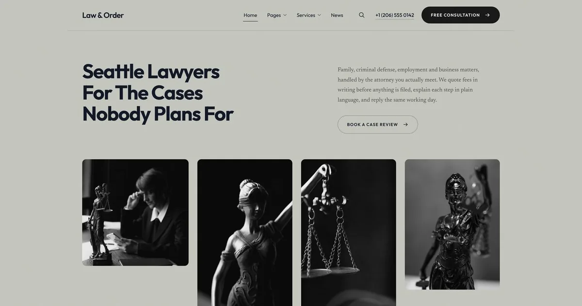 Law & Order homepage headlining Seattle lawyers for unplanned cases, above a row of Lady Justice photographs