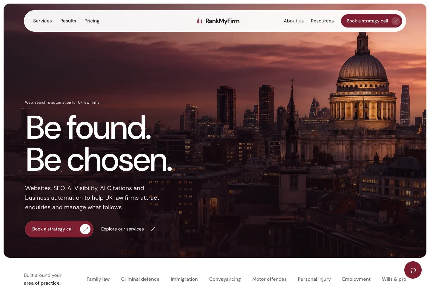 RankMyFirm homepage over a London skyline, offering websites, SEO and automation to UK law firms with a practice-area row below