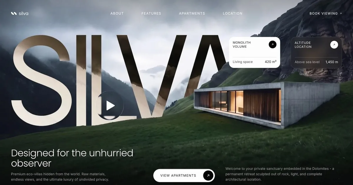 The Silva homepage, its wordmark over a concrete alpine villa, with cards giving the living space and altitude