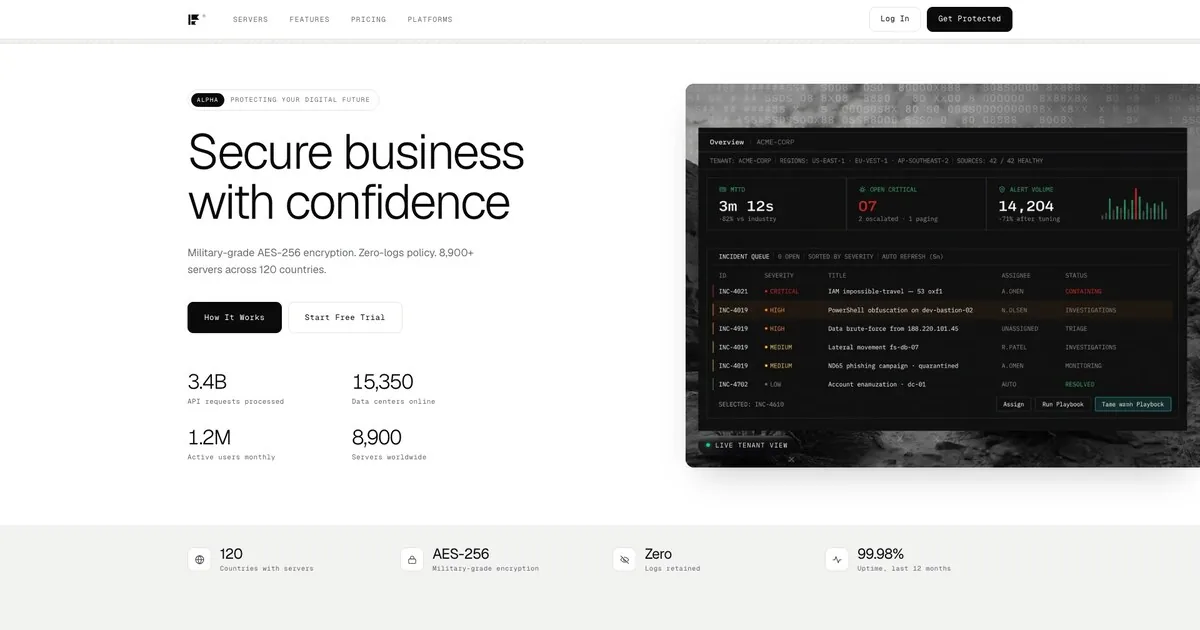 Veltix homepage pairing an encryption and zero-logs claim with a dark dashboard listing a live security incident queue