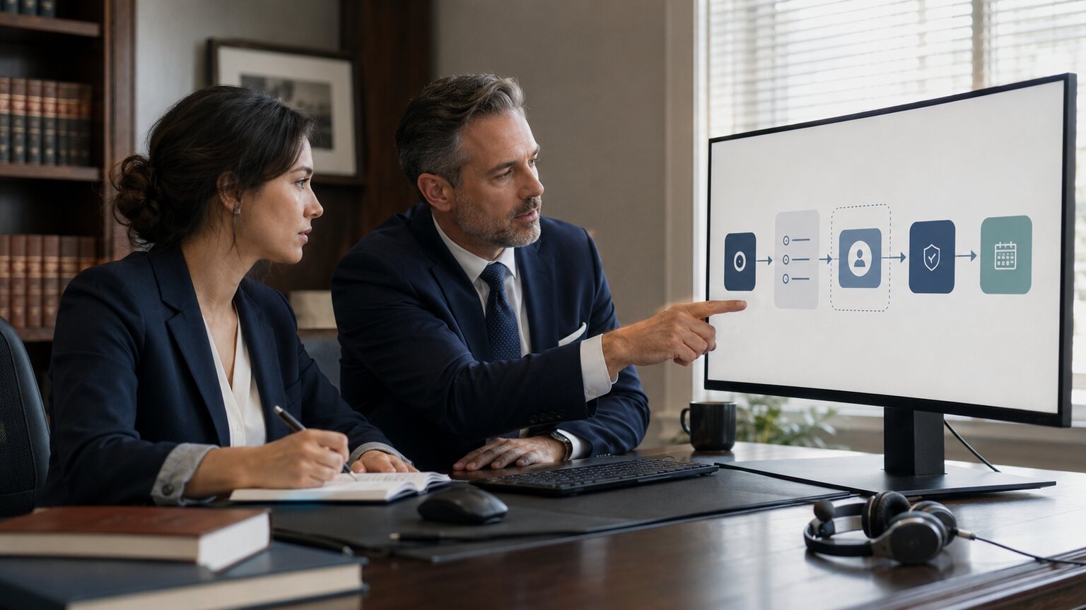 Law firm intake coordinator reviewing an AI-assisted inquiry workflow with clear human handoff controls in a professional office