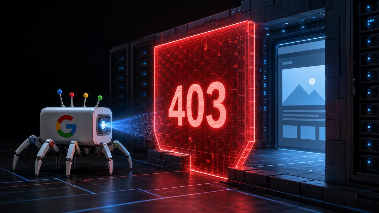 Googlebot crawler stopped by a glowing 403 firewall in front of a web server