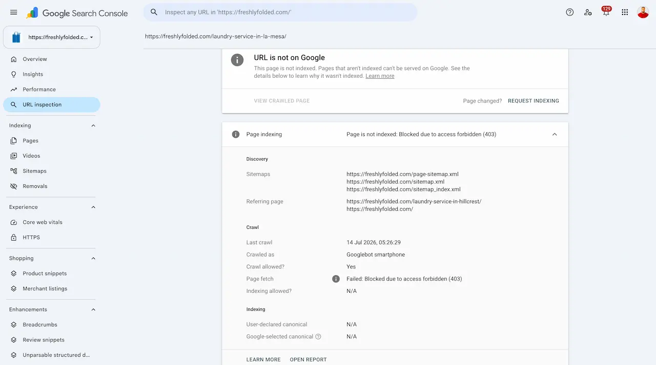 Google Search Console URL Inspection report showing a Freshly Folded location page blocked with a 403 response during a Googlebot smartphone crawl