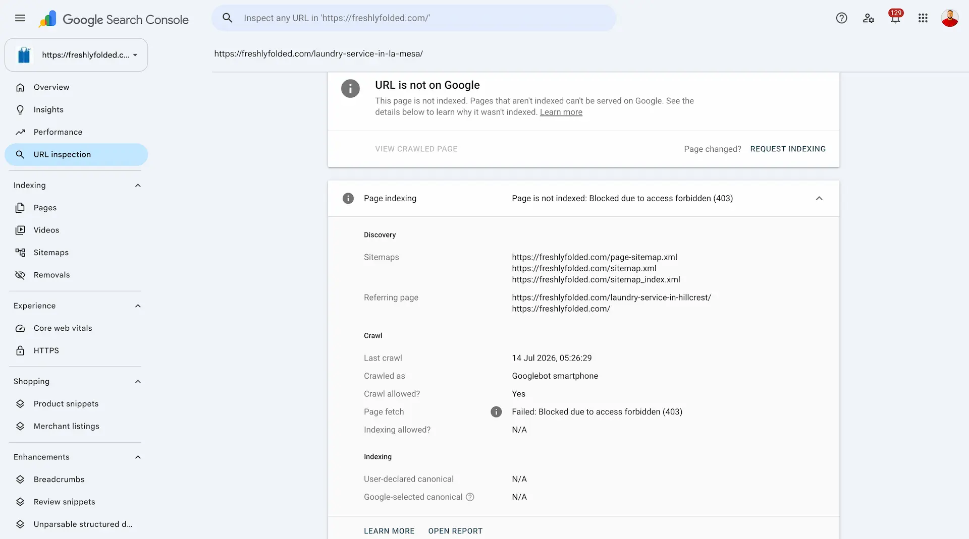 URL Inspection showing a Googlebot smartphone crawl refused with a 403.