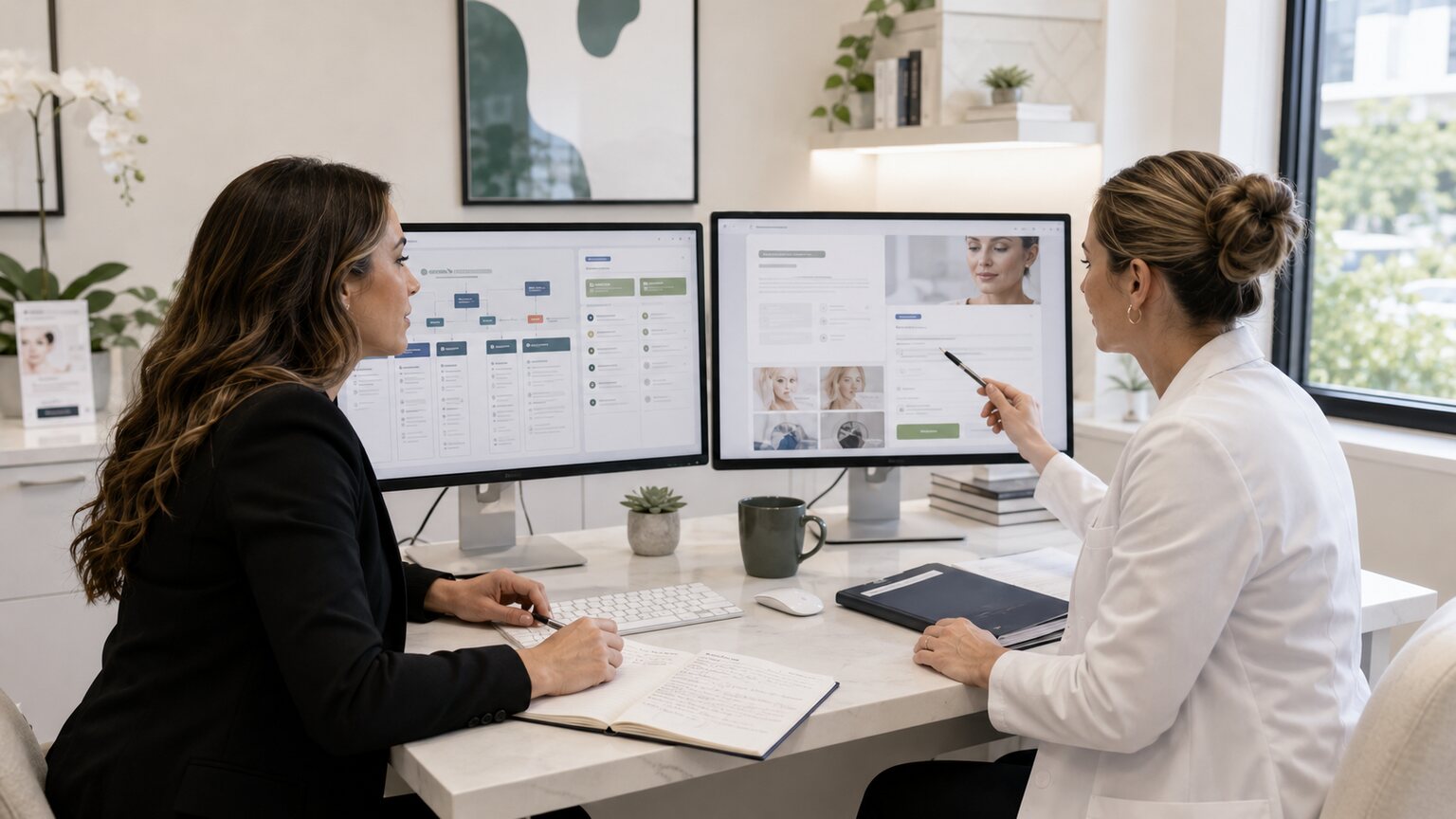 Med spa marketing manager reviewing a paid search campaign dashboard and consultation landing page in a modern clinic office