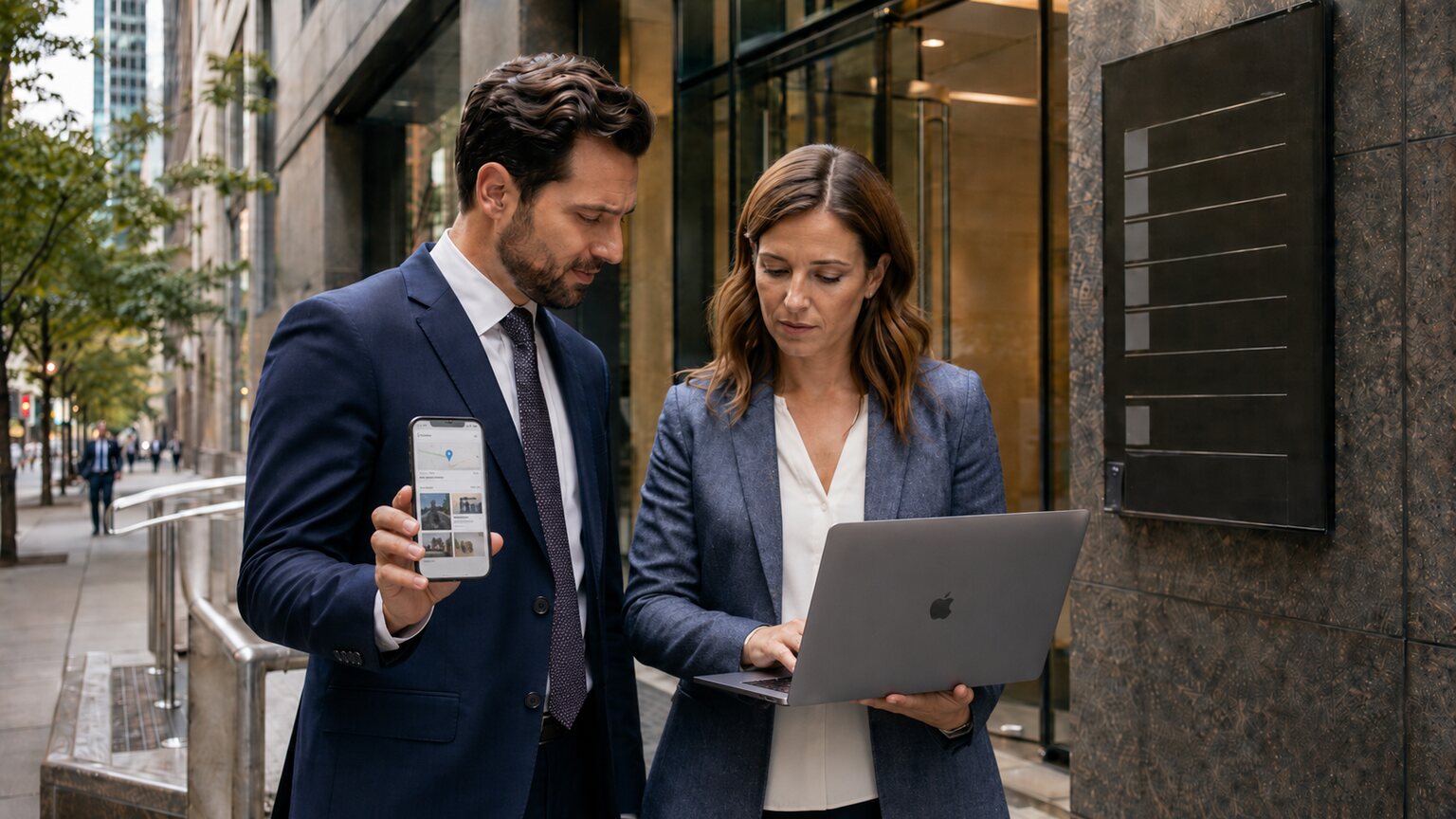 Attorney reviewing a law firm Google Business Profile, map listing, office photos, and reviews on a smartphone and laptop