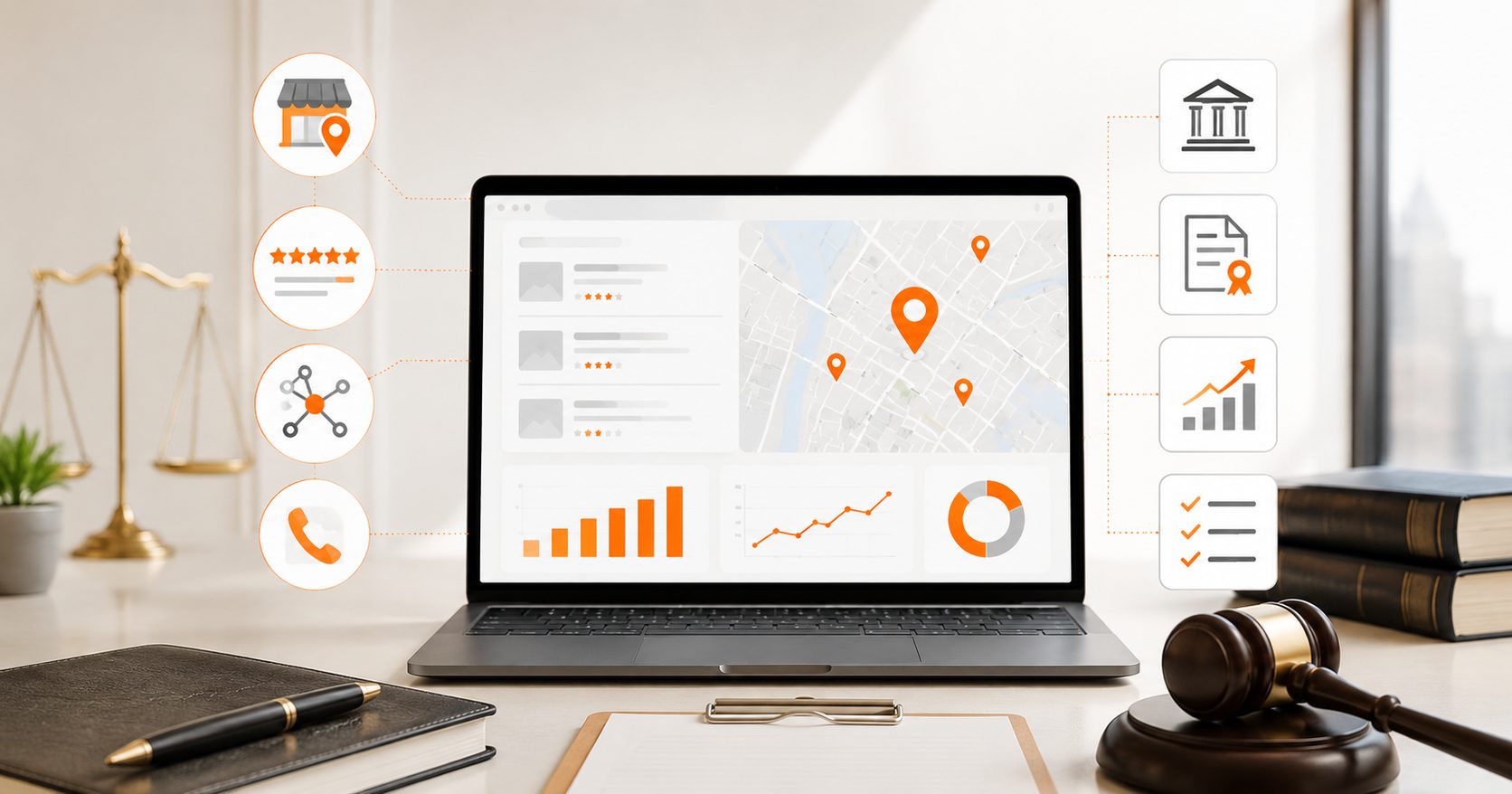 Local SEO dashboard for a law firm on a laptop showing map location pins, reviews, and ranking charts, beside scales of justice, law books, and a gavel