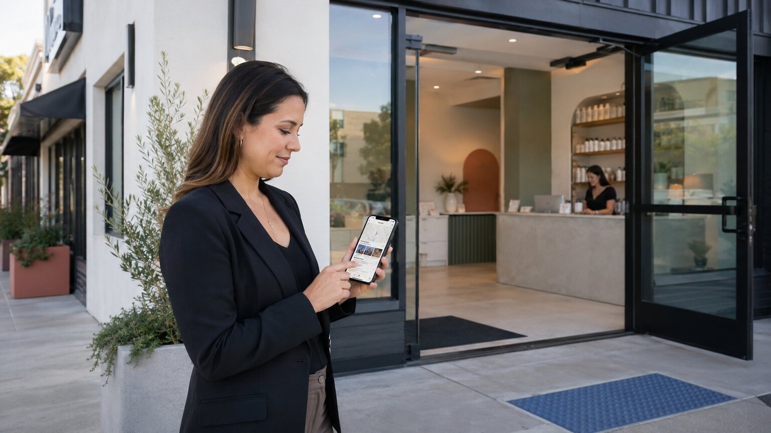 Med spa practice manager checking a local search map and business profile on a phone outside a real clinic entrance