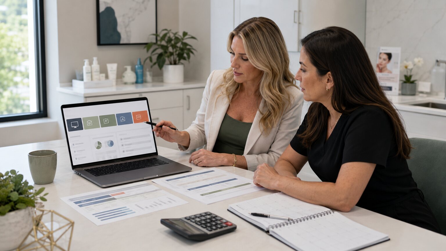 Med spa owner and practice manager reviewing a marketing budget, booking metrics, and channel allocation on a laptop