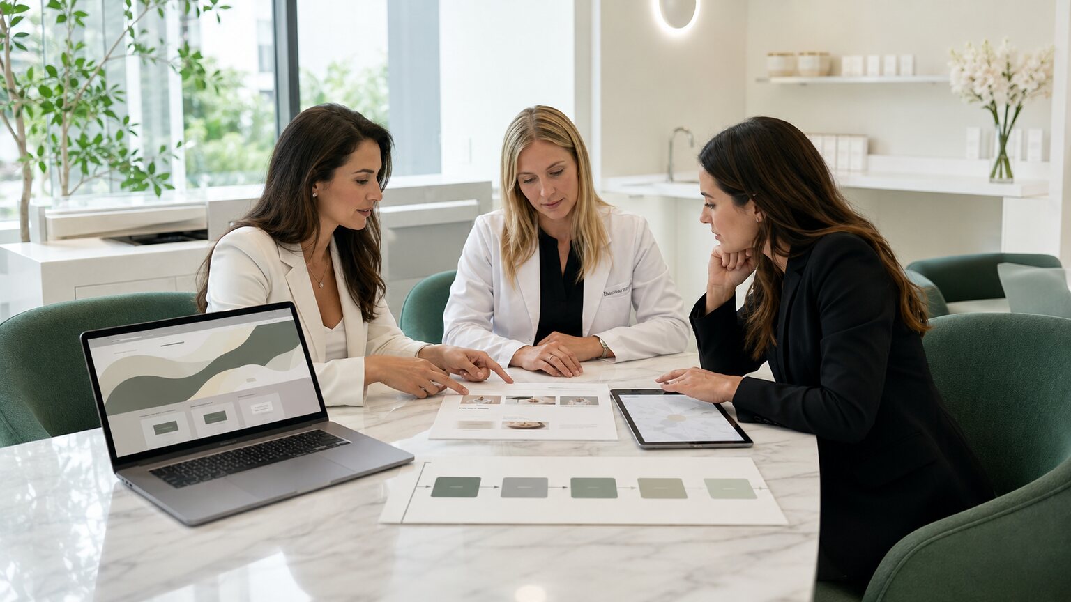 Med spa owner and marketing lead planning website, local search, advertising, and booking strategy around a conference table