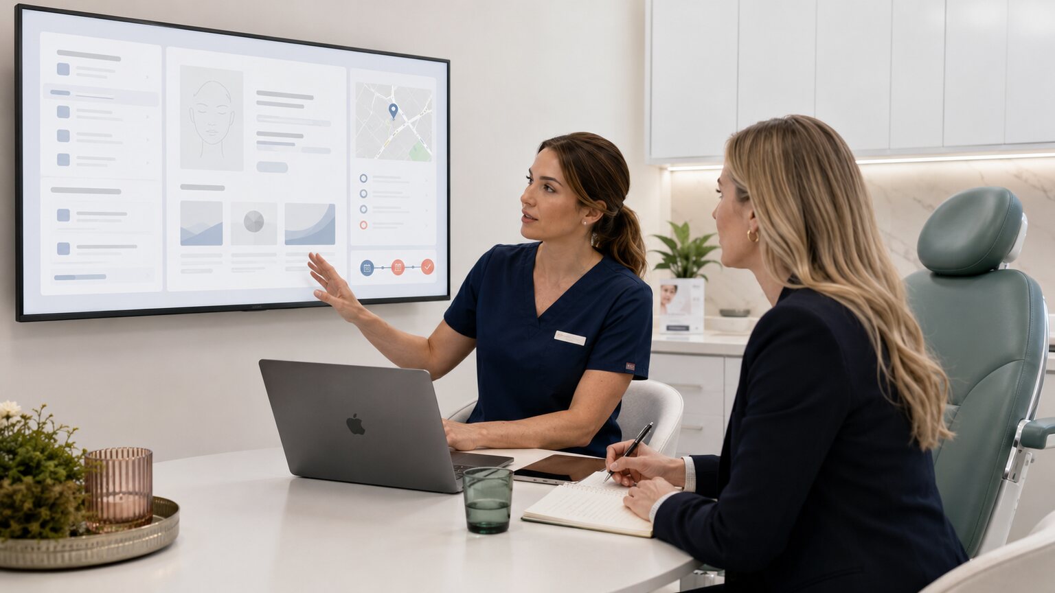 Med spa provider and SEO strategist reviewing treatment search visibility and local booking data on a large monitor