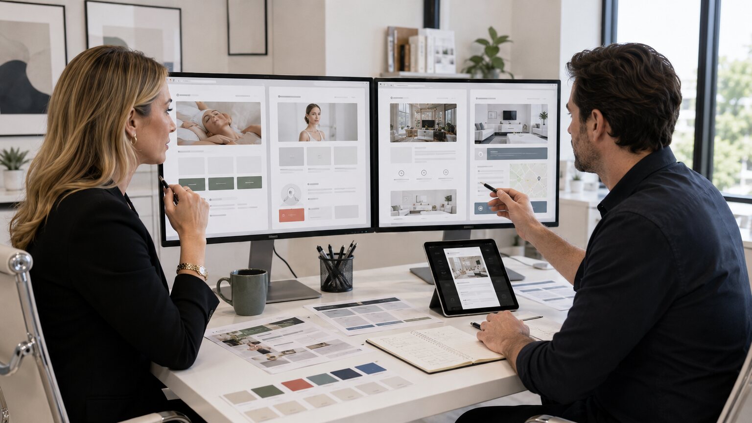 Med spa owner and web designer comparing several polished clinic website layouts on large desktop monitors in a bright studio