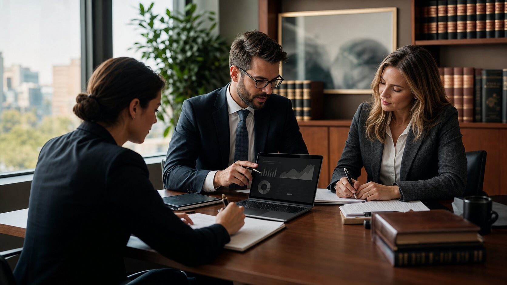 Law firm team reviewing SEO performance and intake strategy in a professional office