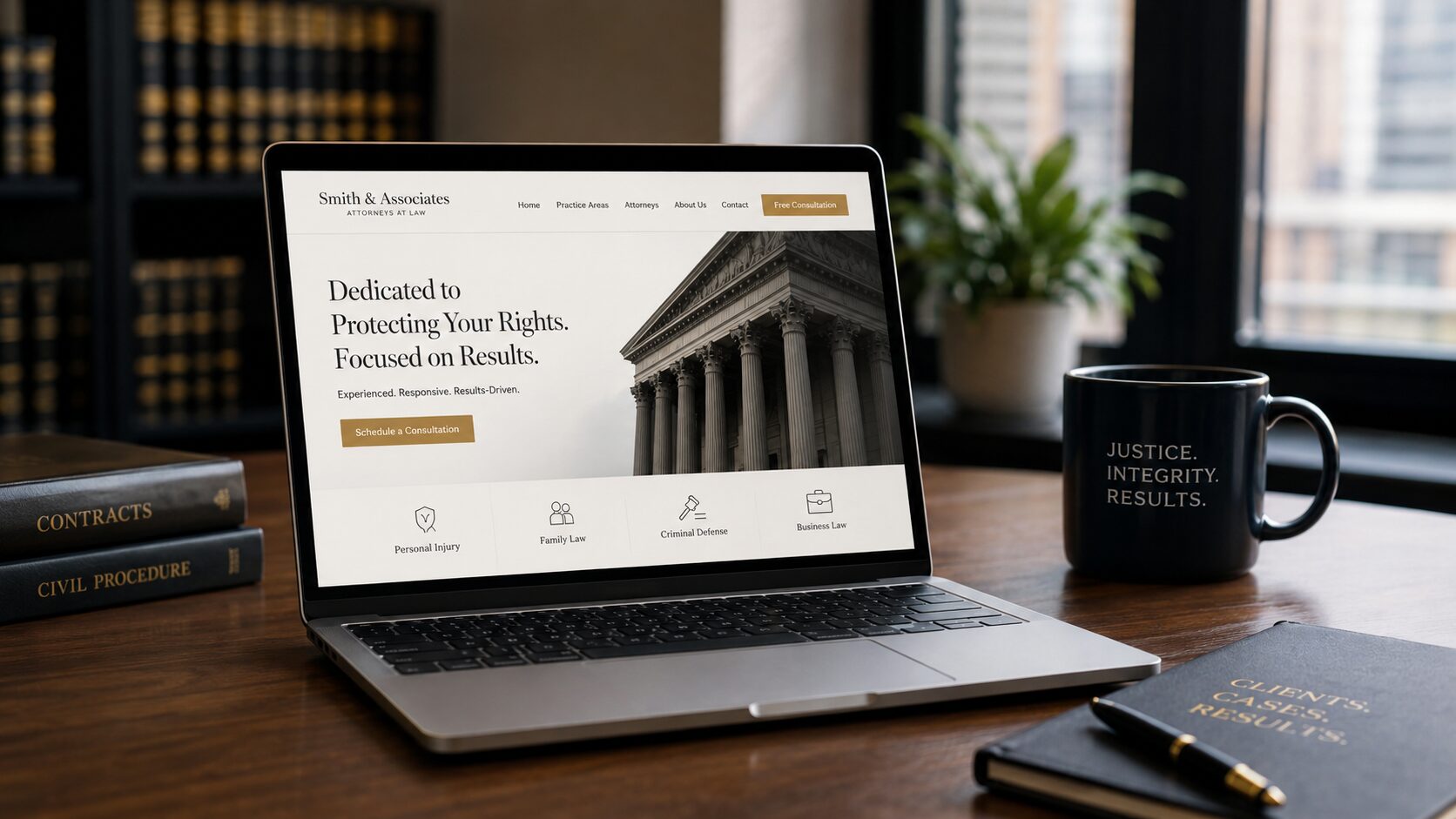 Laptop on an attorney's desk showing a law firm website homepage with practice-area navigation, beside law books and a mug reading justice, integrity, results